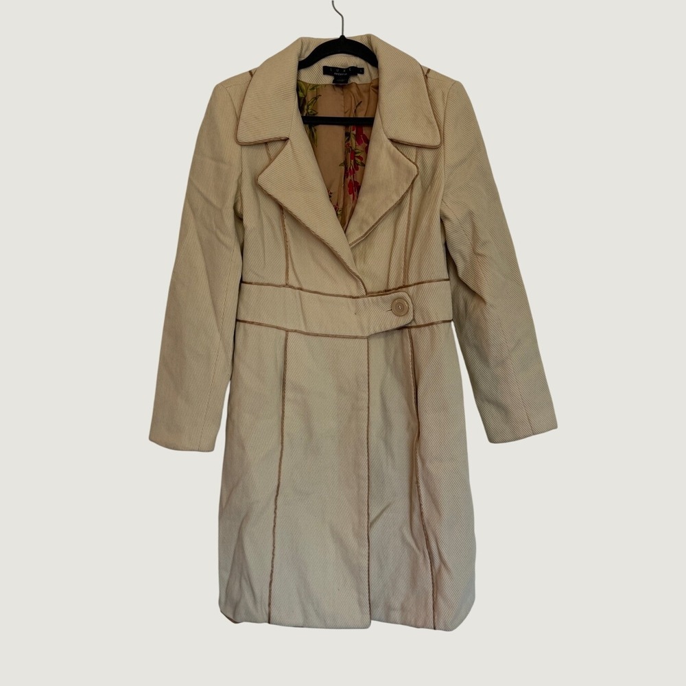 Arden B Large Beige Trench Coat Wool Blend Contrast Piping Mauve Floral Lining